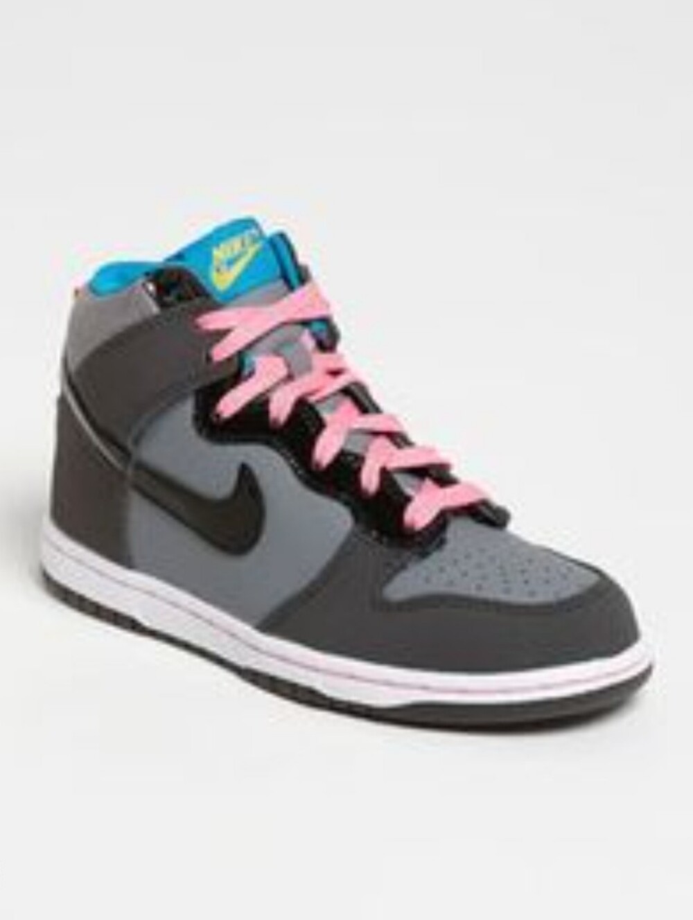 Nike Kids High-Top Sneaker in Gray with Pink Laces and Blue Tongue